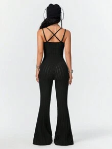 SHEIN Coolane Women's Spaghetti Strap Flared One Piece Jumpsuit - Black - View 2