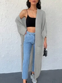 RueChic Dual Pocket Batwing Sleeve Duster Cardigan - Beige - View 3