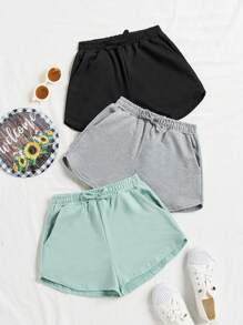 SHEIN 3款式 女童鬆緊針織彈性腰休閒短褲套裝 - 薄荷綠 - 查看 1