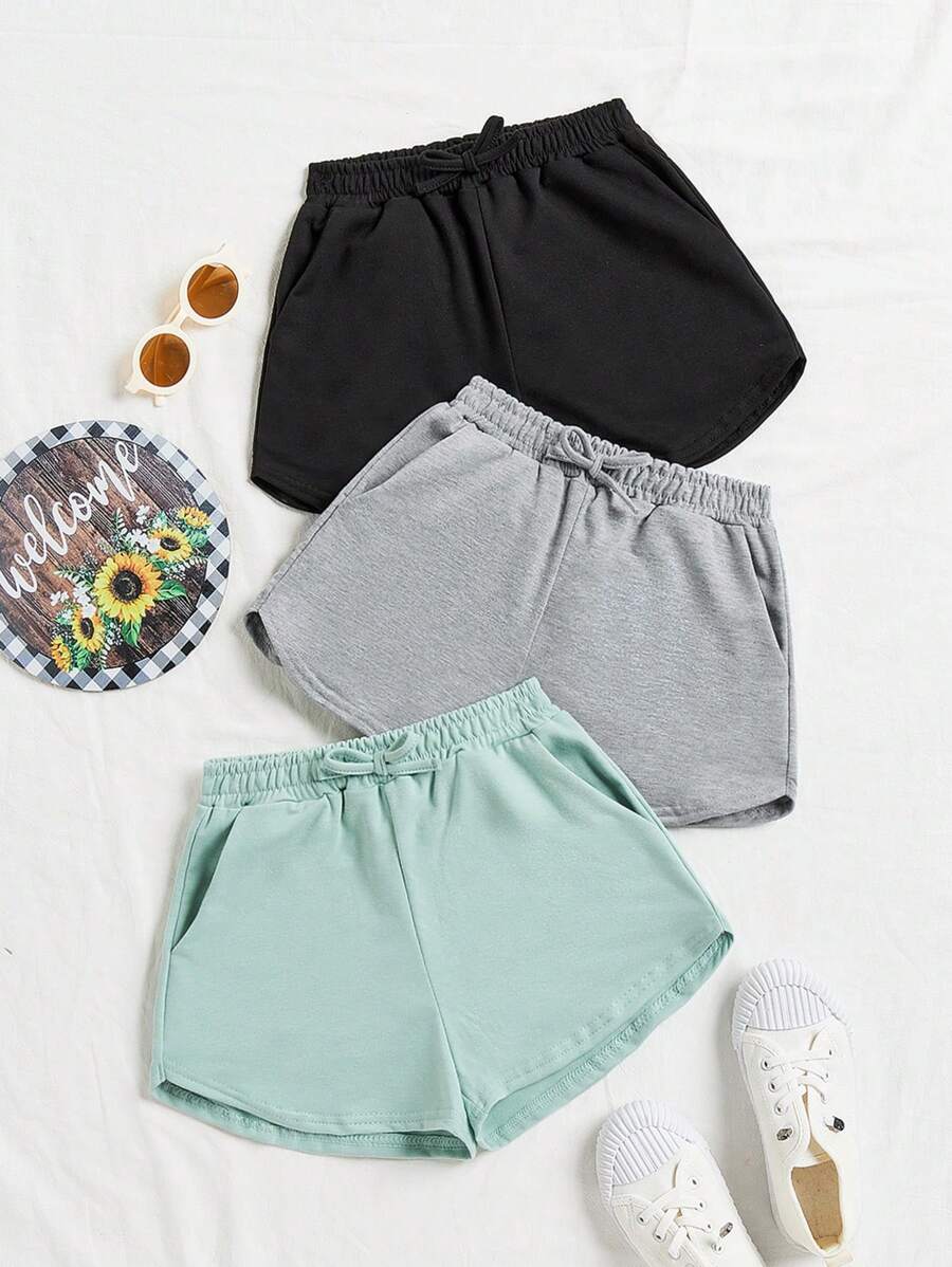 SHEIN 3款式 女童鬆緊針織彈性腰休閒短褲套裝 - 薄荷綠 - 查看 1