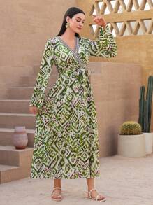 Al Najma Women's Full-Printed Long Sleeve Dress - Green - View 4