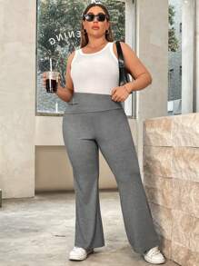 SHEIN Essnce Pantalon Évasé En Tricot Taille Haute Pour Femme De Grande Taille, Ajusté Et Mince, Pour Les Sports D'été Et Les Tenues Décontractées - Gris - Voir 1