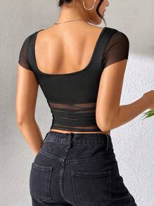 SHEIN PETITE Solid Color Mesh Splice Slim Fit Top - Black - View 5