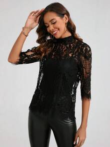 Amorya Women's Spring Stand Collar Lace Top Black Top  Summer Outfit For Women  Summer Outfit For Women - Black - View 3