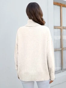 Cinemore 女士宽松纯色高领落肩针织毛衣，秋冬季休闲风格 - 白色 - 查看 2