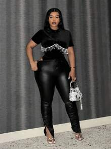 Slaydiva Plus Size Bodysuit With Tassel Decoration - Black - View 4