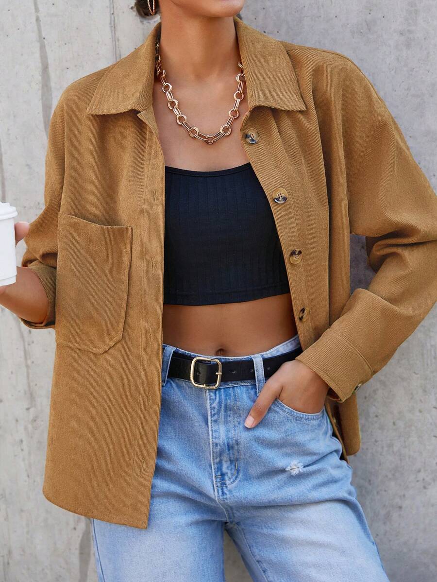 EURMUSE Shirt mit Drop Shoulder Tasche Flicken, Knopf vorne,