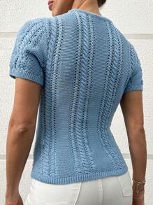 EURMUSE Round Neck Short Sleeve Knitted Top - Blue - View 4