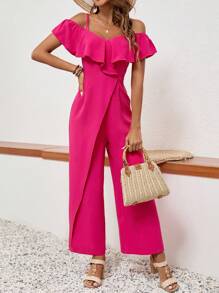 SHEIN VCAY 女士穩定色泡泡袖連身褲，帶泡泡邊緣裝飾