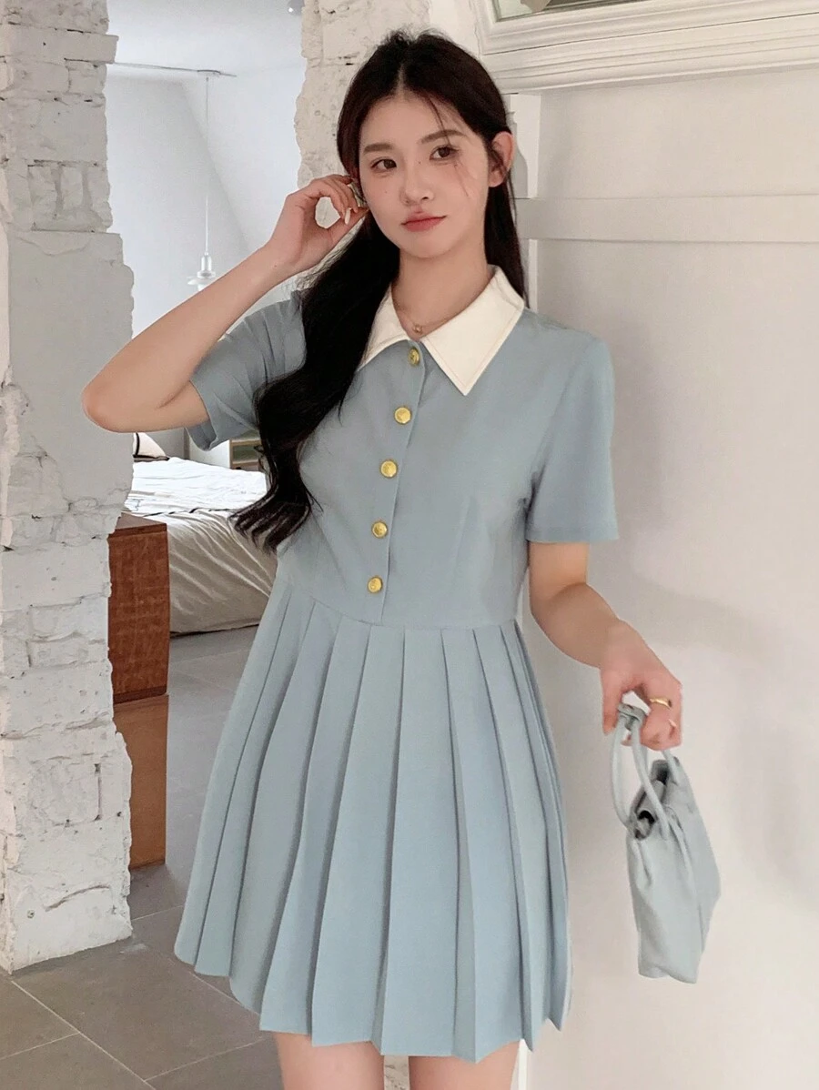 DAZY 女式拼色翻领百褶下摆连衣裙太阳裙衬衫裙，休闲女装 - 藍色 - 查看 1