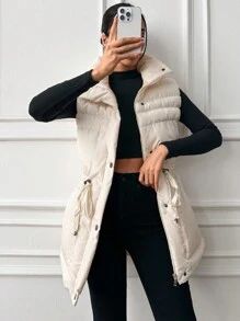 EURMUSE Drawstring Waist Puffer Vest Coat - White - View 6