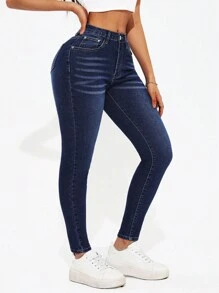 SHEIN PETITE 女式修身牛仔褲 - 深色水洗藍 - 查看 2