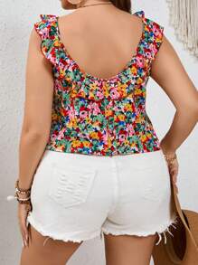 SHEIN Frenchy Parte superior de verano para mujer talla grande, estilo bohemio, con estampado floral, volantes y detalle de botón central en la espalda - Multicolor - Ver 2