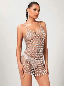 SHEIN BAE 纯色迷人水钻装饰锁子甲透视性感夏日节日服装，节日派对，音乐节，单身派对，度假约会吊带裙，金属，亮片装饰 - 彩色 - 查看 1