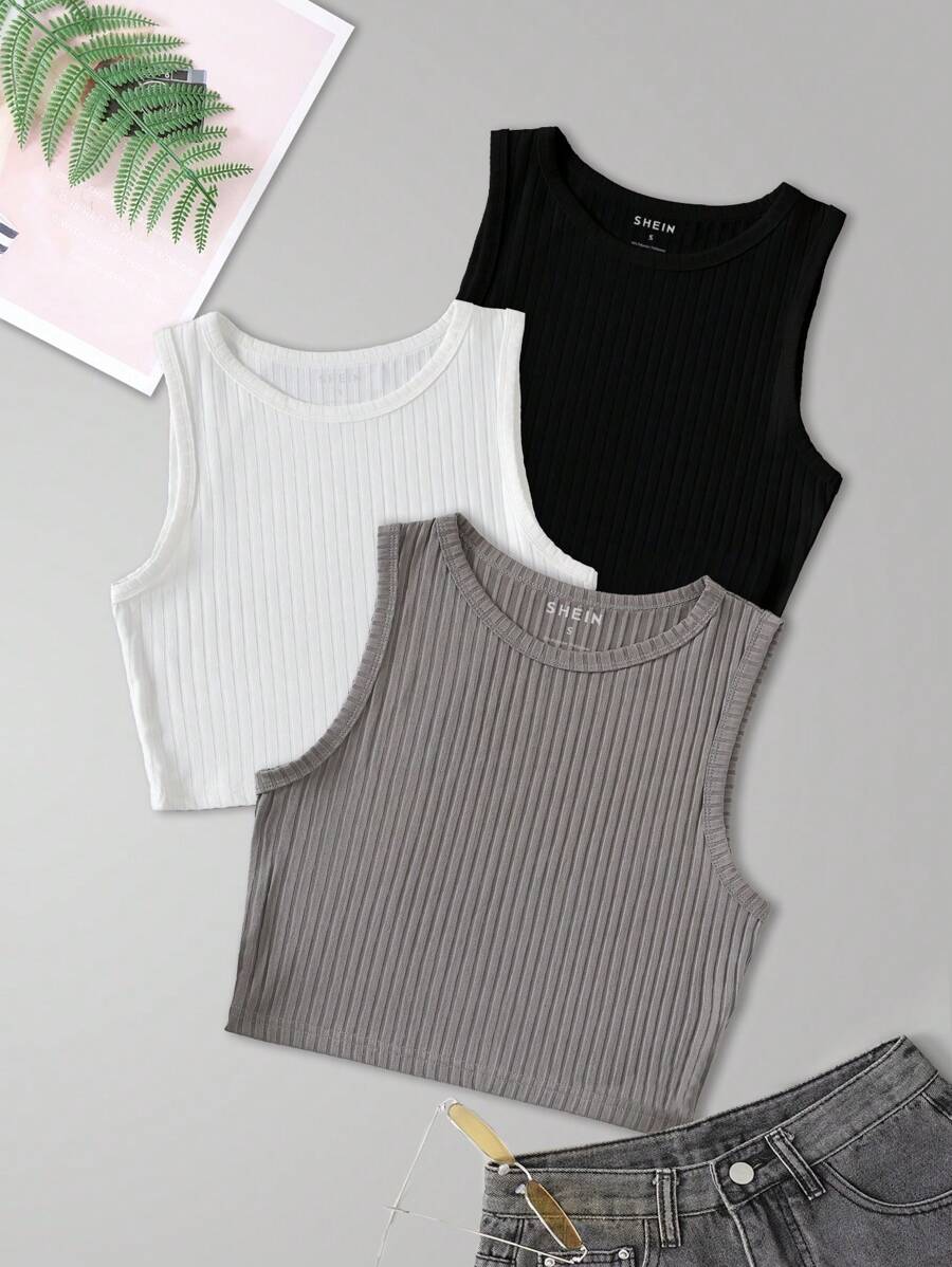 INAWLY Women's 3pcs Ribbed Knitted Sleeveless Tops With Round Neck - Multicolor - View 1