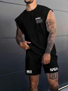 Manfinity LEGND Men's Slogan Printed Tank Top And Shorts Set - Black - View 1