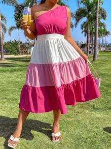 SHEIN LUNE 加大碼女士單肩拼色無袖連衣裙