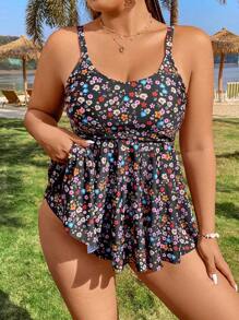 Swim Lushoire Plus Size Random Printed Cami Tank Top And Triangle Brief Tankini Set, Beach Outfit Tankini Set Bathing Suit Summer,Summer Beach - Multicolor - View 3