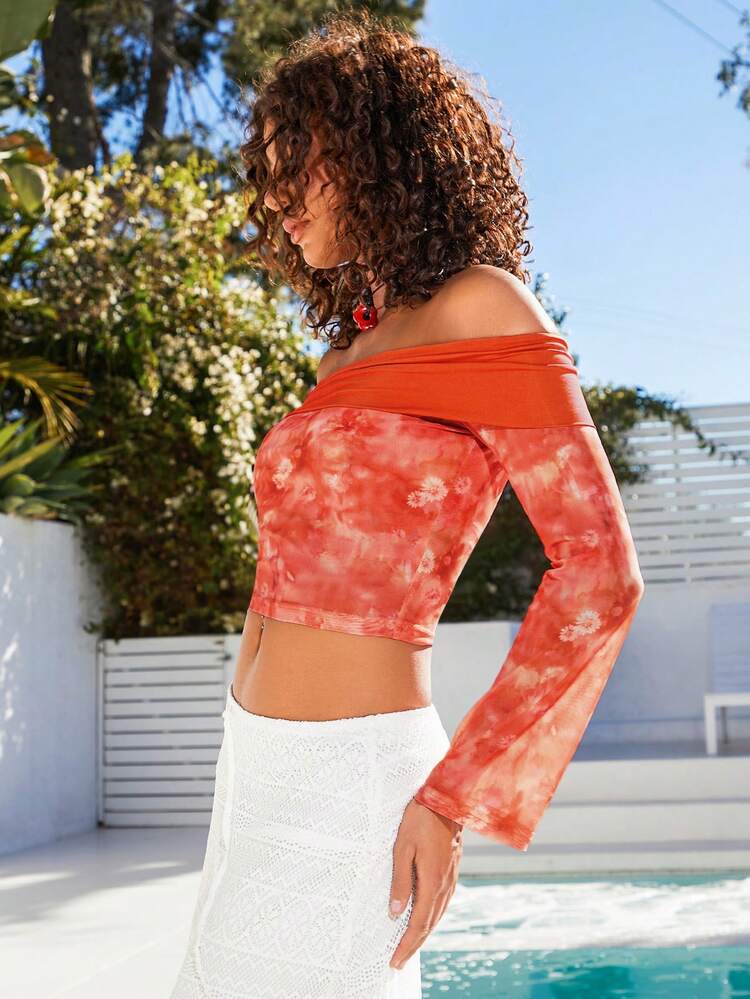 Women's Tie Dye Off Shoulder Long Sleeve Top