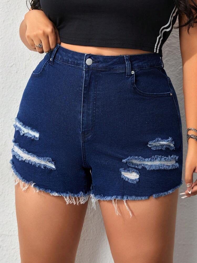 Plus Size Denim Shorts With Frayed Hem And Distressed Detail