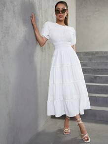Eilly Bazar Solid Color Waist Ruffle Hem Short Sleeve Dress - White - View 1