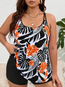 Swim Lushoire Summer Beach Plus Size Tropical Printed Cami Tank Top With Boxer Briefs Tankini Set - Multicolor - View 1