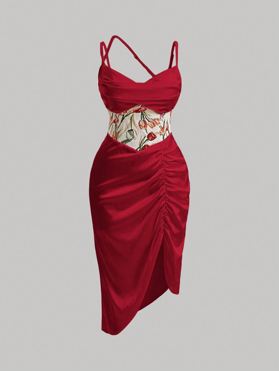 SHEIN MOD Vintage Slim-Fit Shirred Jacquard Plus Size Cami Dress - Burgundy - View 1