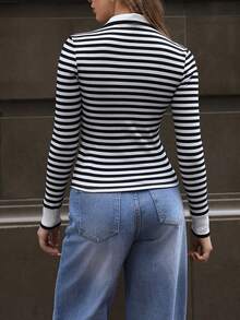 SHEIN Essnce Của phụ nữ Sọc Cổ chữ V Áo thun - Đen và trắng - Xem 2