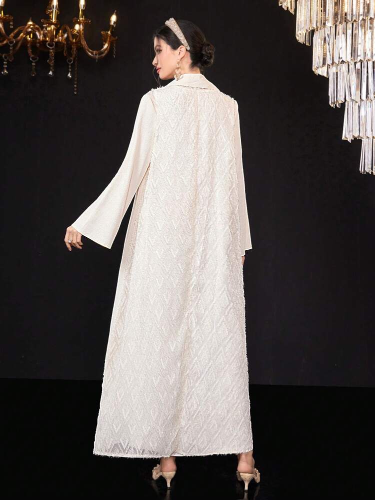 Women's Fuzzy Embellished Back Full Sleeve Abaya Without Belt, Muslim Fashion Abaya For Casual/Festival/Gathering/Travel