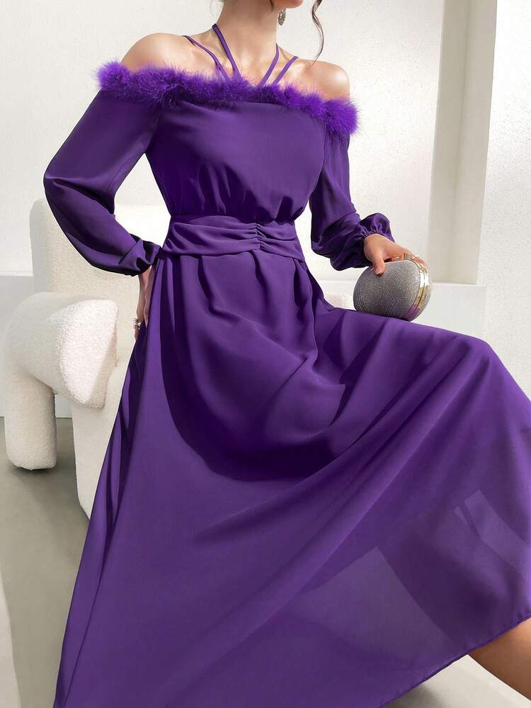 Women's Spliced Cat Design Off Shoulder Strap Halter Tie Waist Dress Long Evening Dresses