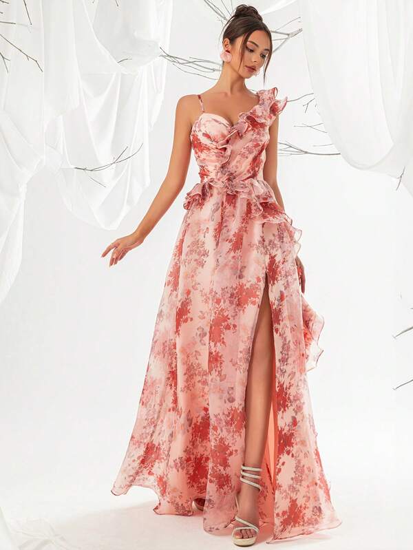 VIPGIRL Floral Print Mesh Frill Trim Women's Evening Dress Elegant Bridesmaid Dress