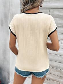 Calvaya Women's Color Block Embroidered Applique V-Neck Casual Blouse,Short Sleeve Tops