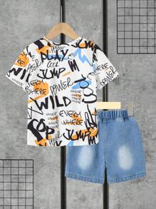 Young Boy's Daily Fashionable Casual Graffiti Letter Print T-Shirt And Denim Shorts Set