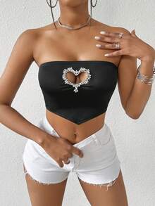 SHEIN Slayr Của phụ nữ Không tay Cổ Trái tim Đồ trang trí Rhinestone Xu hướng: Cắt giảm Áo ba lỗ - màu đen - Xem 5