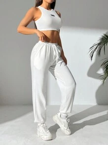 SHEIN PETITE Của phụ nữ Patch Áo vest Áo ba lỗ Và Trở viền Quần Bộ - trắng - Xem 6