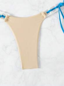 SHEIN Swim 女士色塊頸後系三角泳裝,細繩細節設計,方形環環相扣的兩件式泳衣,適用於海灘度假 - 卡其色 - 查看 4