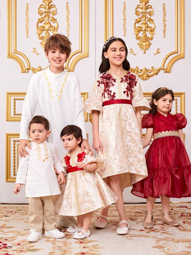 Young Girl Combined Gorgeous Embroidered Puff Sleeve A-Line Dress With Weaved Belt And Organza Collar