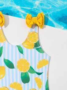 SHEIN Young Girls' Lemon Pattern One-Piece Swimsuit With Ruffle Trim And No Bound Edges - Multicolor - View 5
