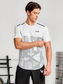 Manfinity Sport Corelite Boyfriend Style Men's Polka Dot And Letter Pattern Short-Sleeved Sport T-Shirt , Graphic , Running , Active Wear , Plain Workout Tops Gym Top Breathable Fitted Shirt Crew Neck - White - View 3