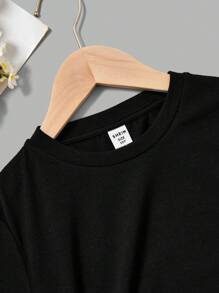 SHEIN Leap Crew Tween Girls' Casual Simple Print Short Sleeve T-Shirt, Suitable For Summer - Black - View 4