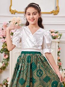 SHEIN Tween Girls' Cross Neck Puff Sleeve Smocked Top & Vintage Patterned Skirt Two Piece Outfit - Multicolor - View 3