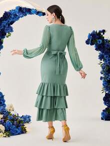 Modelyn 女士打摺燈籠袖多層紗裙碎花連衣裙，婚禮嘉賓裙 - 綠色 - 查看 2