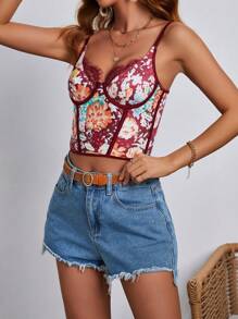 SHEIN VCAY 女用蕾絲邊花卉圖案短款緊身胸衣吊帶背心 - 紅色 - 查看 3