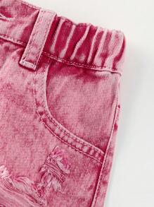 SHEIN Young Girls' Distressed Frayed Hem Denim Shorts, School, Campus, College - Baby Pink - View 6
