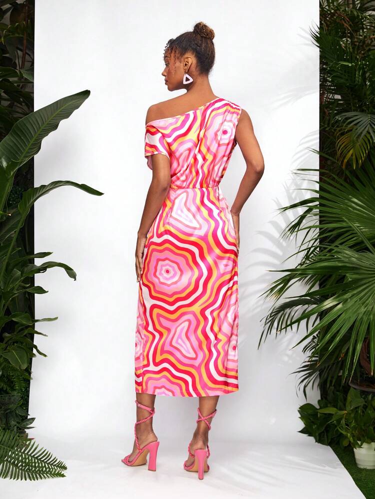 Designer Geode Overall Print Asymmetrical Neck Split Thigh Dress, Sundress Summer Elegant Dress Outfit, For Holiday, Party, Birthday Outfits, Festival, Wedding, Prom Dress
