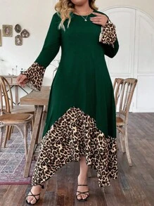 SHEIN LUNE Kích thước lớn In hoa Báo Vòng cổ Đầm - Màu xanh lá cây đậm - Xem 3