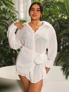 SHEIN VCAY 大尺碼純色透明翻領和服外套 - 白色 - 查看 6