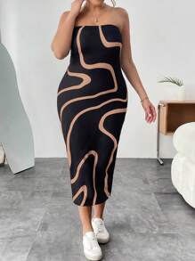 SHEIN Essnce Kích thước lớn Của phụ nữ In Váy kiểu Băng đô - Màu Khaki - Xem 3