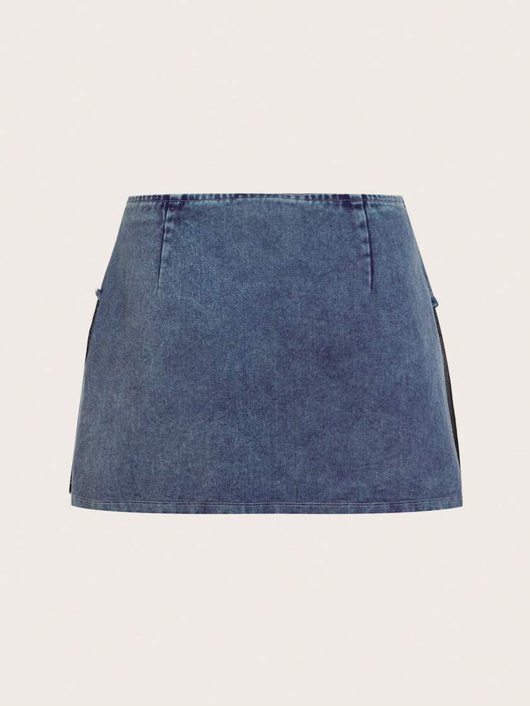 Women's Y2k Denim Effect Contrast Mesh Mini Skirt