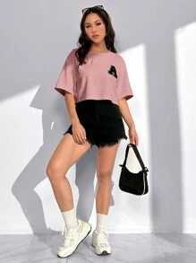 SHEIN EZwear 女士圓領垂墜肩針織t恤 - 藕粉色 - 查看 4
